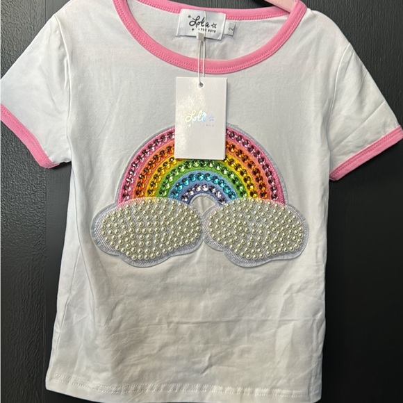 NWT lola and the boys RAINBOW PEARL PATCH T SHIRT size 2 (fits like a 4) - Picture 4 of 6